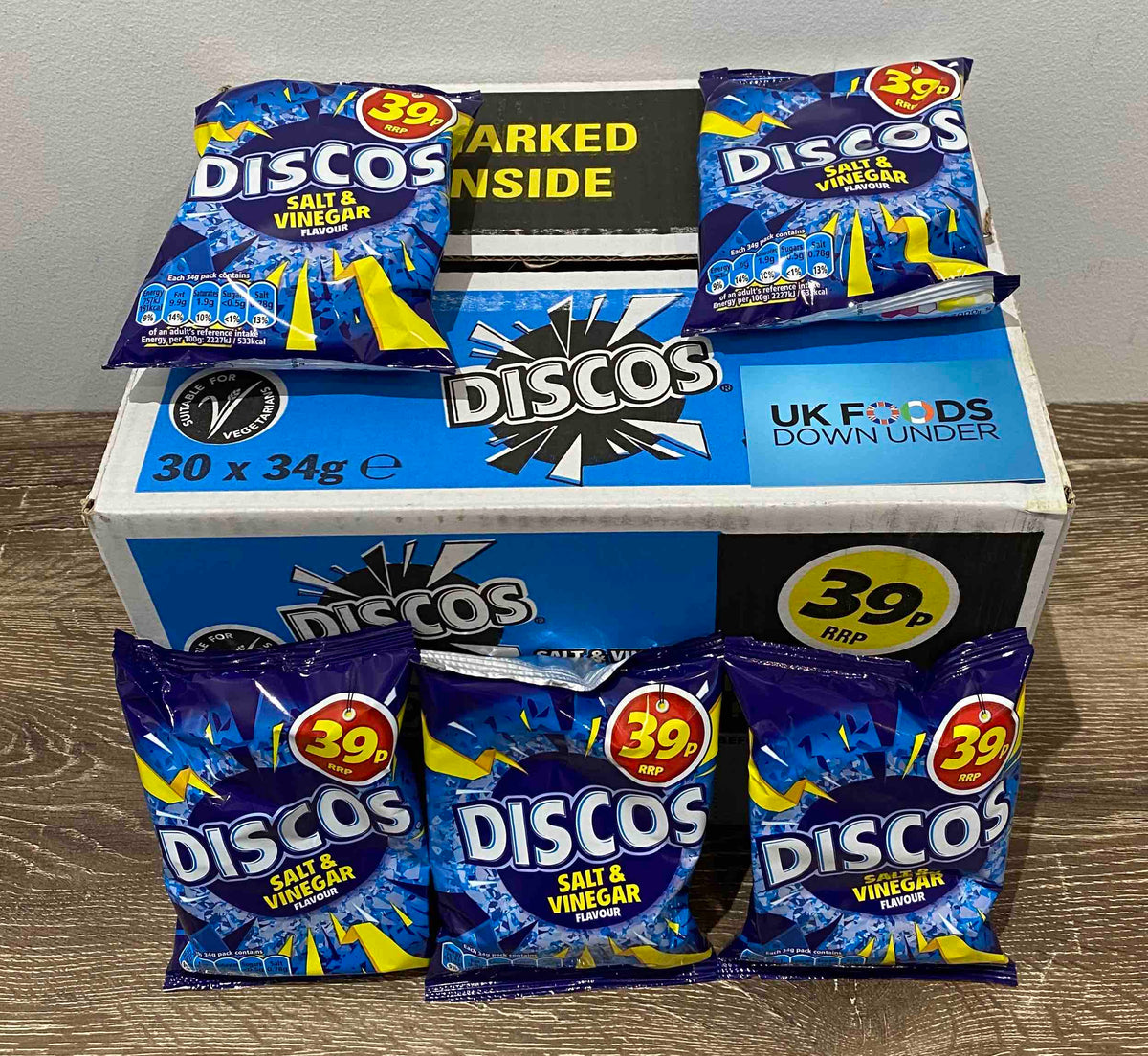 Disco's Crisps Salt and Vinegar 30 pack box UK FOODS DOWN UNDER