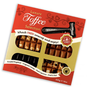 Walkers Original / Roasted Hazelnut / Liquorice / Fruit and Nut Toffee Christmas Pack with Toffee Hammer